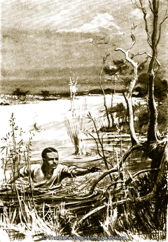 Captain Butler landing after swiming across the Ekam River under fire (1914, Africa, Cameroon, Captain, Ekam, Gold Coast Regiment, John Butler, Kings Royal Rifle Corps, Recon, River, Swimming, VC, WW1)