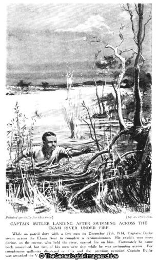 Captain Butler landing after swiming across the Ekam River under fire (1914, Africa, Cameroon, Captain, Ekam, Gold Coast Regiment, John Butler, Kings Royal Rifle Corps, Recon, River, Swimming, VC, WW1)