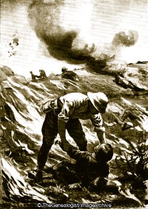 Captain Hansen rescuing a wounded man from the burning gorse (1915, 6th Battalion, Captain, Fire, Gallipoli, Gorse, Hill 70, Lincolnshire Regiment, Percy Hansen, Turkey, VC, WW1)