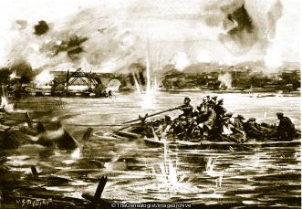 Captain Johnstone guiding a couple of rafts filled with wounded across the Aisne at Missy under heavy fire (1914, Aisne River, Captain, France, Missy sur Aisne, Picardie, Raft, Royal Engineers, William Henry Johnston, Wounded, WW1)