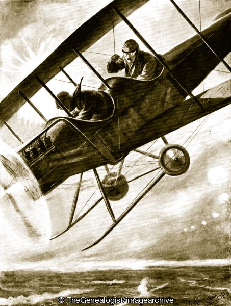Captain Liddell piloting his aeroplane down into the British after being seriously wounded (1915, Aerial Reconnaissance, Belgium, Bruges, Captain, Flying, Ghent, John Aidan Liddell, Ostend, Pilot, VC, WW1)