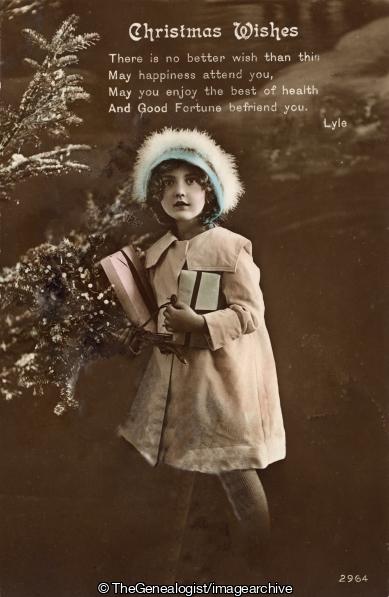 Christmas Wishes 1918 (1/2d, 1918, 1918-01, 26 Parade, Christmas tree, Christmas Wishes, fur hat, Girl, Hilda, Jersey, Le Monnier, London, Mrs, presents, St. Helier, Tinted)