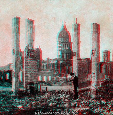 City Hall Photographer in foreground Tall brick chimneys left standing (1906, 3d, California, City Hall, Earthquake, Photographer, San Francisco, U.S.A.)