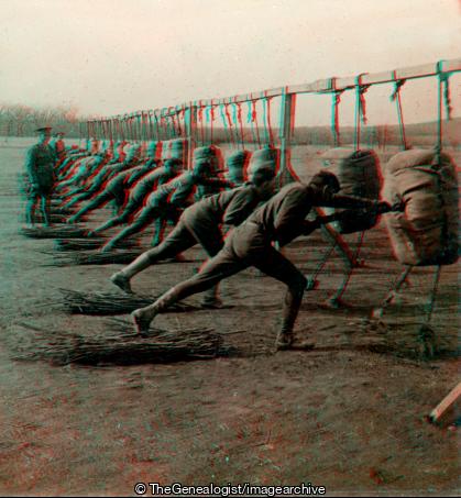 Class of Officers Practicing the Short Point Stab American Army Camp USA (3d, Bayonet, C1917, Officers, U.S.A., WW1)