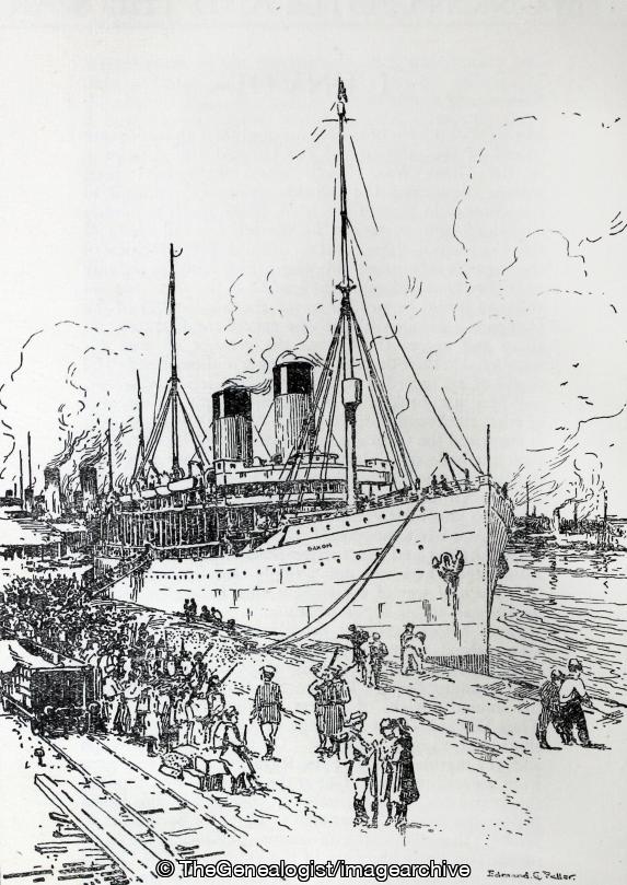 Colonial Troops embarking at Southampton for home (Drawing, Embarking, England, Hampshire, Ship, Soldiers, Southampton, SS Saxon)