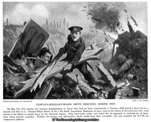 Company Sergeant Major Smith rescuing buried men (1915, Belgium, Bombardment, CSM, DCM, Dugout, South Lancashire Regiment, West Flanders, WW1, Ypres)