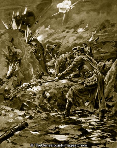 Corporal Samuel Meekosha assisted by Privates Johnson, Sayers and Wilkinson digging out men who had been buried in their trench by shell fire (1/6th Battalion, Corporal, Corporal Meekosha, DCM, Privates Johnson, Samuel Meekosha, West Yorkshire Regiment, WW1, Yser)