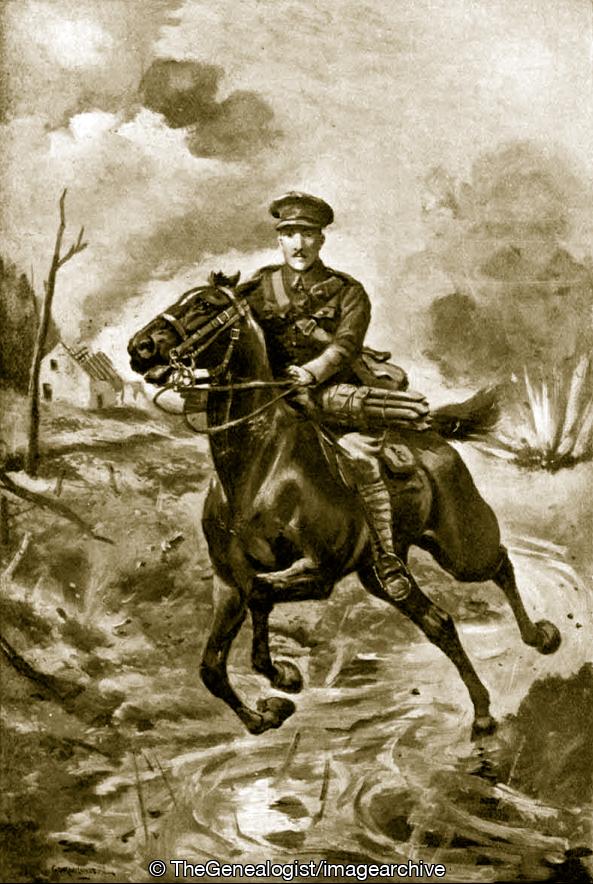 Corporal W Anderson riding under heavy fire to an observation station with a supply of rockets (Corporal, Corporal W Anderson, Givenchy, Givenchy-en-Gohelle, Royal Field Artillery, WW1)