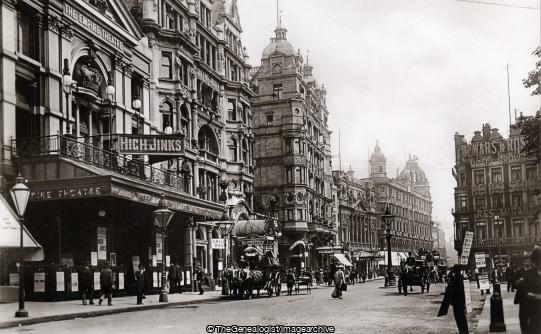 Empire Theatre Leicester Square London C1905 (C1905, Empire Theatre, High Jinks, Horse and Carriage, horse and cart, Horse Drawn Omnibus, Leicester Square, London, sandwhich board, Top Hat)