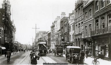 Essex Colchester High Street 1912 (1912, bicycle, Car, Colchester, England, Essex, High Street, tram, vehicle)
