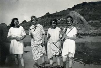 Four girls with parasols C1920 (Bathing Set, Beach, C1920, girls, parasol, sea, Swimming)