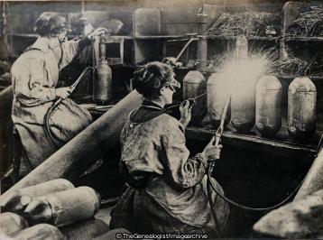 French Munition Workers Finishing shell cases (C1915, France, Munitions Worker, Welder, WW1)
