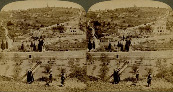 Garden of Gethsemane and Mount of Olives from the Eastern Wall Jerusalem Palestine (3d, Eastern Wall, Garden of Gethsemane, Jerusalem, Mount of Olives, Palestine)