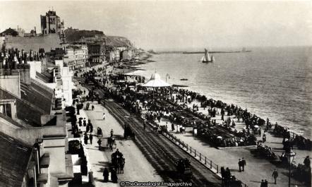 General View Looking East Hastings (Bandstand, C1900, England, Hastings, Hastings Beach, Horse and Buggy, Horse and Carriage, parasol, sailing boat, Sussex, The Palace Hotel, White Rock)