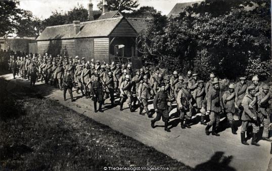 German prisoners marching to Frith Hill compound from Frimley Station (Frimley Station, German, marching, POW, Soldiers, WW1)