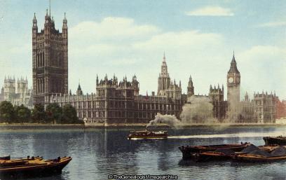 Houses of Parliament, London (1930, Barge, Big Ben, England, Houses of Parliament, London, Parliament, River, Steam Boat, Thames, Westminster)