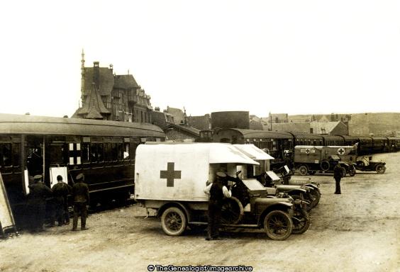 injured soliders transfering from train to amberlance (Ambulance, France, Le Tréport, Railway Station, Red Cross, Soldiers, Train, WW1)