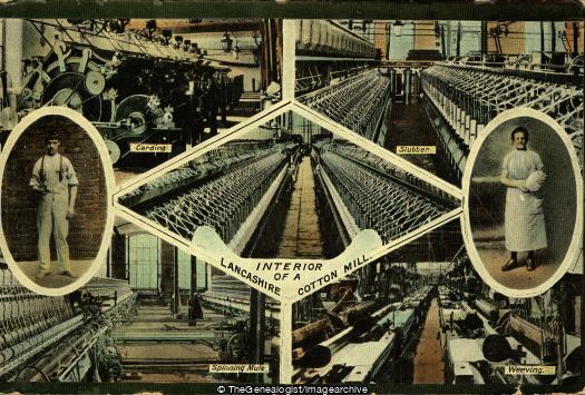 Interior of a Lancashire Cotton Mill (Carder, Carding, Cotton, Cotton Mill, England, Lancashire, Power Loom, Slubber, Spinning Mule, weaver, Weaving)