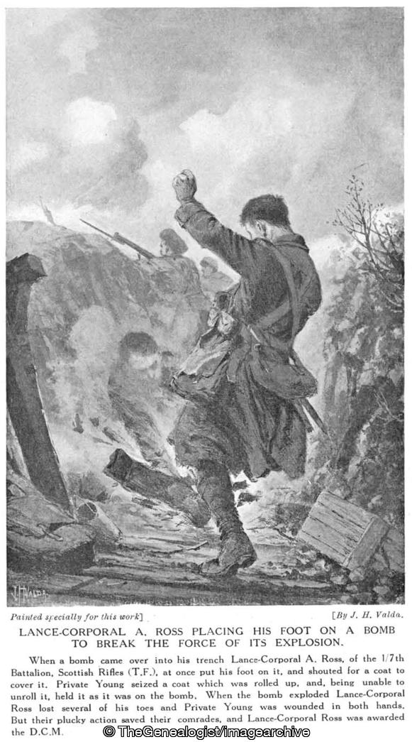 Lance Corporal A Ross placing his foot on a bomb to break the force of its explosion (Lance Corporal A Ross, WW1)