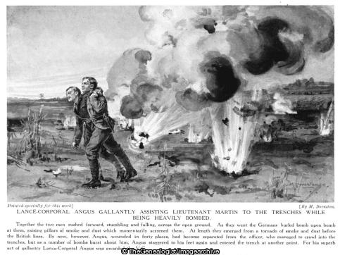 Lance Corporal Angus Gallantly assisting Lieutenant Martin to the Trenches while being heavily bombed (Lance Corporal Angus, Lieutenant Martin, WW1)