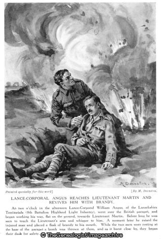 Lance Corporal Angus reaches Lieutenant Martin and revives him with brandy (Lance Corporal Angus, Lieutenant Martin, WW1)