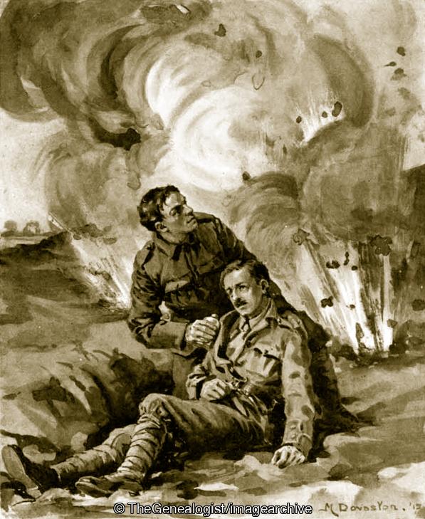 Lance Corporal Angus reaches Lieutenant Martin and revives him with brandy (Lance Corporal Angus, Lieutenant Martin, WW1)