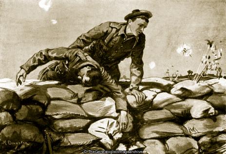 Lance Corporal Finlay dragging a wounded comrade into the trenches while under fire (Lance Corporal Finlay, WW1)