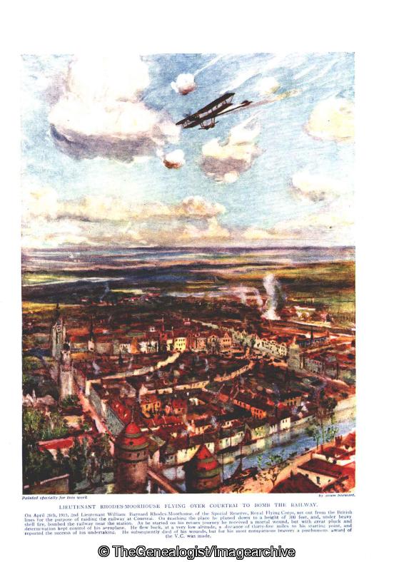 Lieutenant Rhodes-Moorhouse flying over Courtrai to bomb the railway (Courtrai, Flanders, Flying, Kortrijk, Lieutenant Rhodes-Moorhouse, Pilot, WW1)