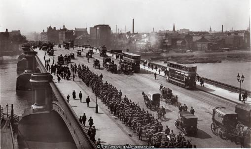 London Blackfriars Bridge C1914 (bicycle, Blackfriars, Blackfriars Bridge, C1914, Car, City of London, England, Horse and Carriage, horse and cart, Soldiers, tram)