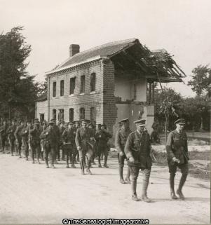 London Territorials passing a ruined house on the shell swept La Bassee (3d, Doll's House, France, La Bassee, london Territorials, WWI)