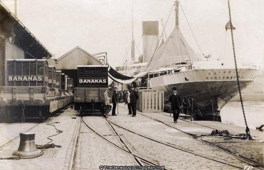 Manchester Ship Canal Salford Docks SS Chirripo at Banana Corner C1905 (Manchester, Manchester Ship Canal, Salford Docks, SS Chirripo, Train)