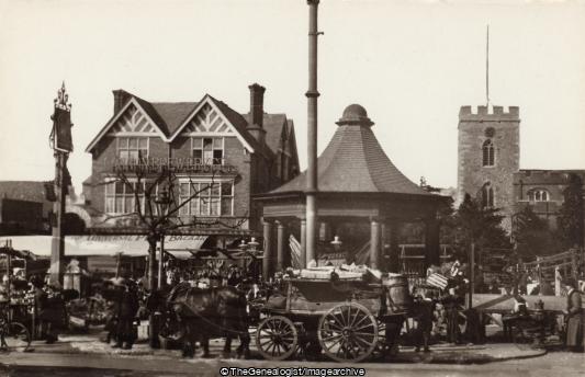 Market Day Enfield (Bandstand, C1905, Enfield, horse drawn cart, Kings Head, Market Day, Market Place, St Andrews, Wagon)