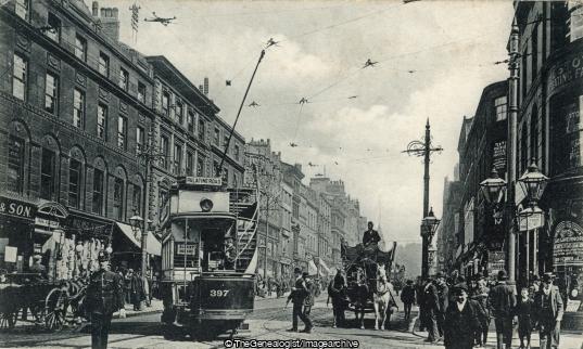 Market Street Manchester 1904 (1904, C1900, England, Greater Manchester, Horse and Trap, Horse Drawn Carriage, Manchester, Market Street, policeman, shop, tram)