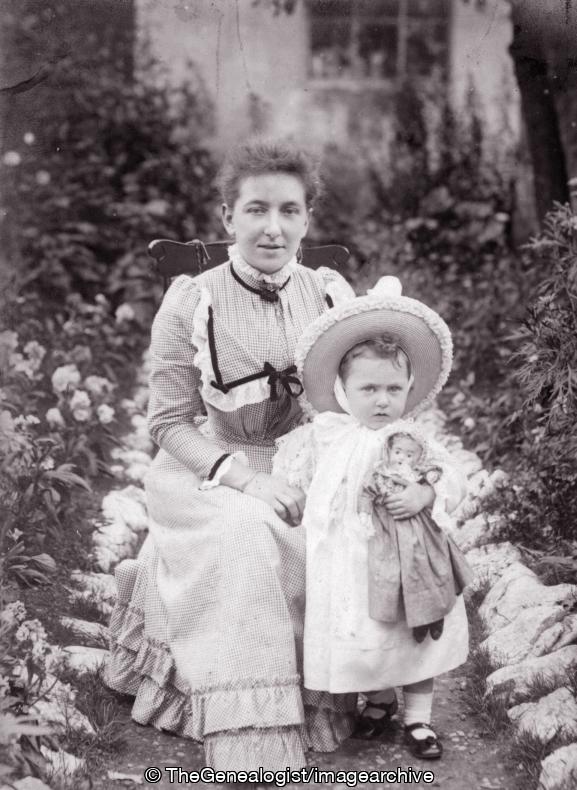Mother and daughter (bonnet, doll, Garden, Girl, mother and daughter)