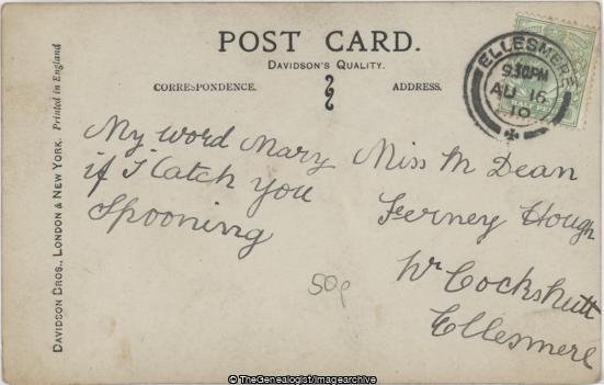 Never Mind the Weather Love (1/2d, 1910, 1910-08-16, Comic, Dean, Ellesmere, Ferney Clough, Lancashire, Mary, Miss, Umbrella)