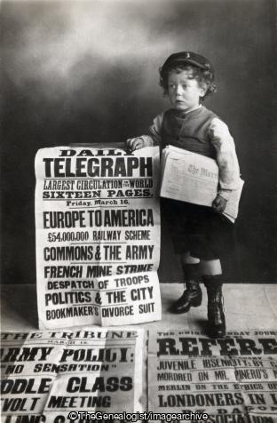 Newspaper boy advertising blank (1/2d, 12 Church Row, 1906, 1906-07-30, Isle of Man, Lancashire, Manchester, Miss, Newspaper Boy, Newspaper Seller, Poster, Salloway, The Telegraph, The Tribune)
