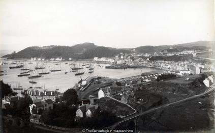 Oban from South West showing Railway Station and Pier (Oban, Pier, Railway Station, Scotland, St John's Cathedral)
