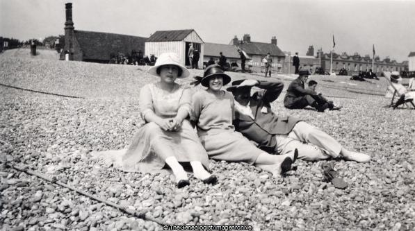 On the beach Aldeburgh (Aldeburgh, Beach, C1930, Deckchair, England
, hat, hut, Suffolk)
