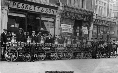 Peskett and son Dairy with milk carts (C1911, Cranbrook Road, dairy, Dairyman, England, Ernest Peskett, Essex, Grange Dairy, hand cart, Ilford, Milk, Milk Cart, Peskett and Son)
