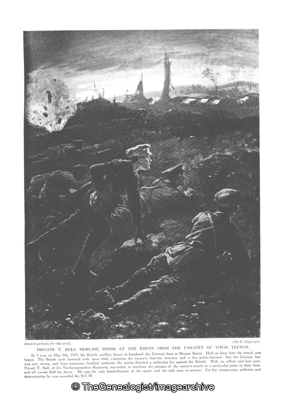 Private T Bull hurling bombs at the enemy from the parapet of theit trench (Northamptonshire Regiment, Private T Bull, WW1)