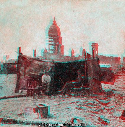 Refugee camp made of scraps corrugated sheet iron gathered from the ruins (1906, 3d, California, City Hall, Earthquake, Refugees, San Francisco, U.S.A.)