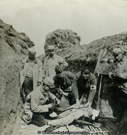 Rendering First Aid to the Wounded in the French Trenches (3d, C1917, first aid, French, Soldiers, Stretcher, Trench, WW1)