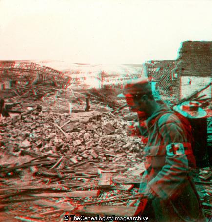 Sanitary Work of the Battle Line - Disinfecting the Ruins with Patent Spray (3d, C1917, France, French, Red Cross, Ruins, Soldiers, WW1)