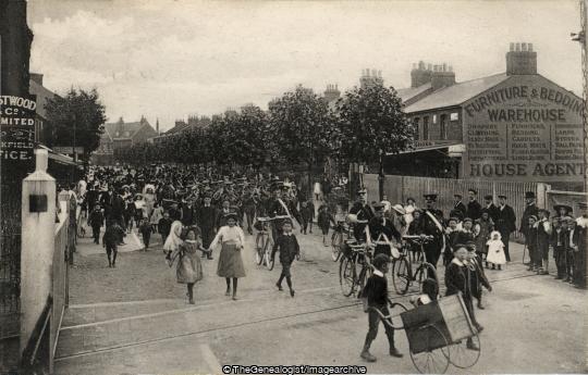 Shoeburyness High Street 1907 (1907, bicycle, England, Essex, High Street, Musician, parade, Shoeburyness)