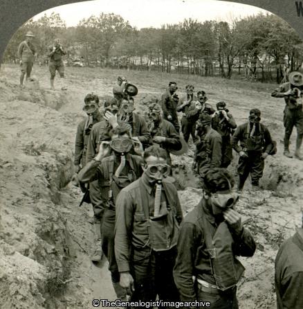 Soldiers about to enter Tear-Gas Trench Camp Dix NJ (3d, American, C1917, Fort Dix, Gas Mask, New Jersey, Soldiers, Tear Gas, Trench, U.S.A., WW1)