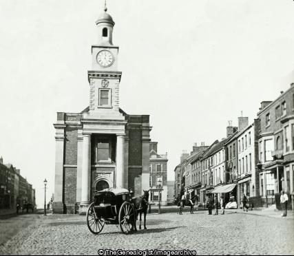 Staffs Newcastle under Lyme High St 1890s (C1890, England, Guild Hall, High Street, Horse Drawn Carriage, newcastle-under-lyme, Staffordshire, Town Hall, vehicle)