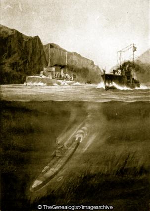 The B11 making her way in deep water to the mouth of the straits pursued by torpedo craft (B11, Messoudieh, WW1)
