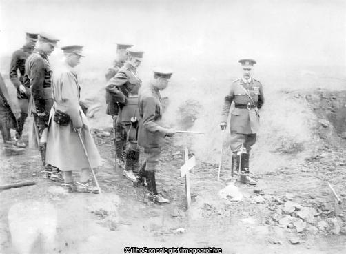The King with the Prince of Wales and British Officers at the Graveside of a Soldier on the Battlefield (Grave, King, Prince of Wales, WWI)