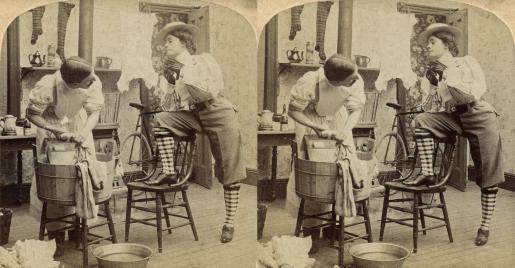 The New Woman - Wash Day (1897, 3d, bicycle, Clothes Washer, Comic, Scrubbing Board, Social)