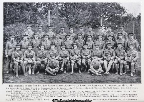 The Officers of the 7th Bn The Royal Sussex Regiment at Ramillies Barracks Aldershot in May 1915 (1915, 7th Battalion, Aldershot, Barracks, England, Hampshire, Officers, Ramillies Barracks, Royal Sussex, WW1)